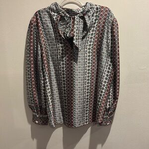 LOFT Black and White Tie Front Long Sleeve Blouse